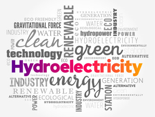 Hydroelectricity is electricity generated from hydropower, word cloud concept background