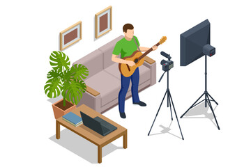 Isometric Man playing an guitar and records tutorial video how to play electric guitar, the camera on a tripod indoors, combo amp near. Vlogger, hobby, Vocal artist