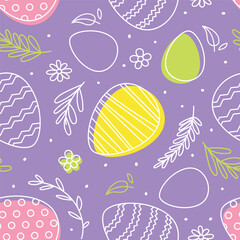 Bright hand drawn Easter seamless pattern, doodle eggs with flowers and grass on violet background