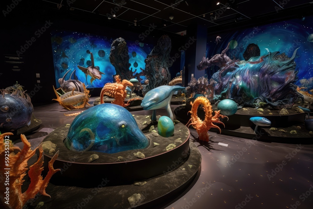 Poster a cosmic zoo exhibit, with a variety of creatures from different worlds, created with generative ai