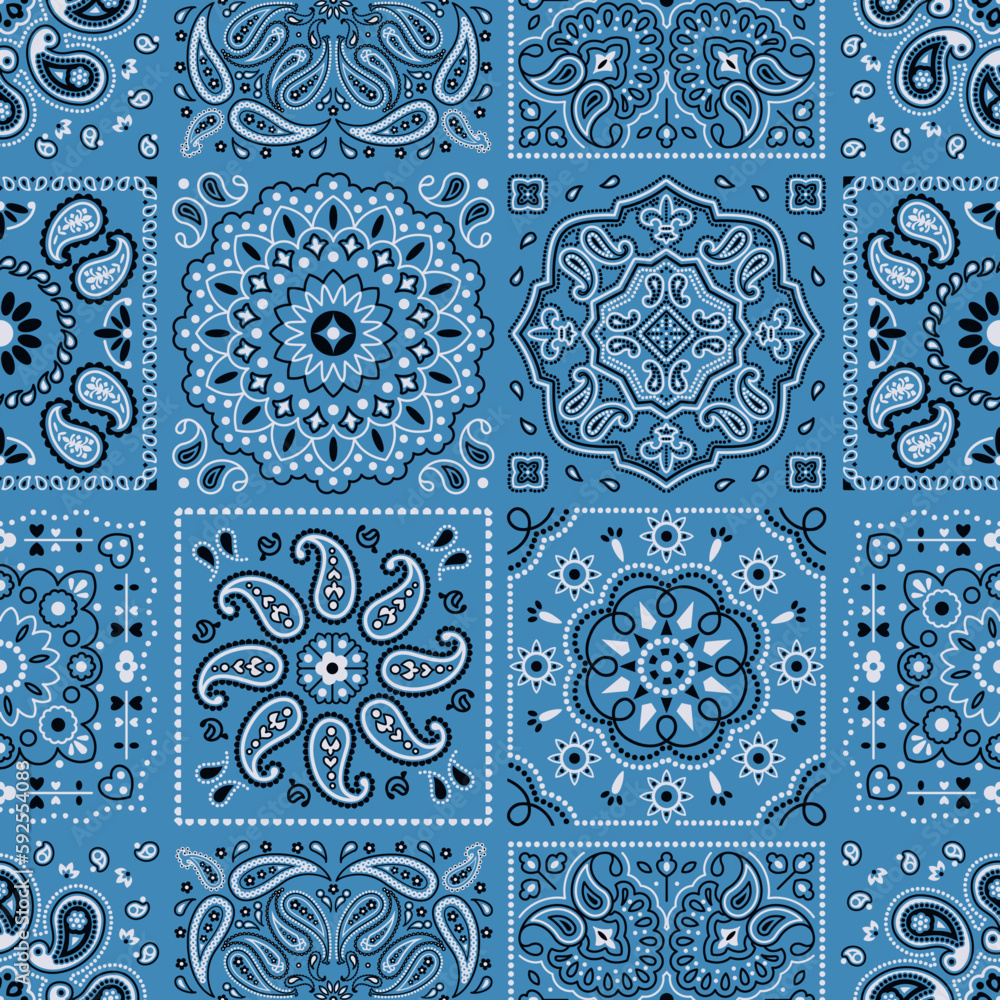 Sticker blue paisley fabric tiles patchwork wallpaper vintage vector seamless pattern