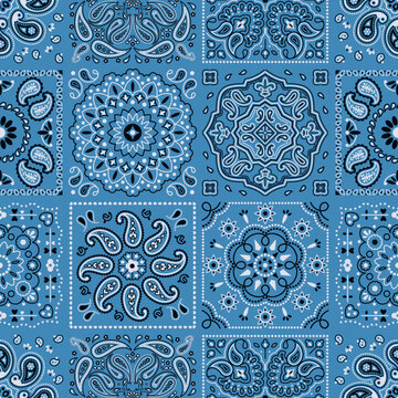 Blue Paisley fabric tiles patchwork wallpaper vintage vector seamless pattern