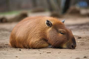 cute capybara is sleeping on the ground