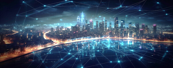 Fototapeta na wymiar Future cyber technology city , 5G Smart city. Digital transformation, cityscape and communication network concept, internet and global connection, Generative AI 