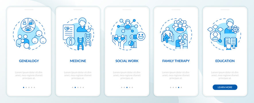 Genograms usage blue onboarding mobile app screen. Relationships. Walkthrough 5 steps editable graphic instructions with linear concepts. UI, UX, GUI template. Myriad Pro-Bold, Regular fonts used