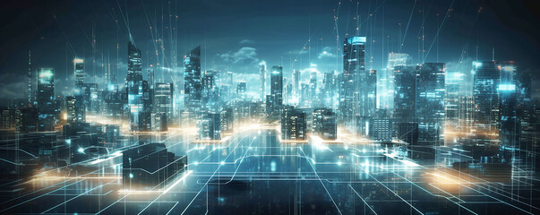 Obraz premium Future cyber technology city , 5G Smart city. Digital transformation, cityscape and communication network concept,internet and global connection, 