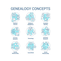 Genealogy blue concept icons set. Family roots. Genetic disorders. Inheritance idea thin line color illustrations. Isolated symbols. Editable stroke. Roboto-Medium, Myriad Pro-Bold fonts used
