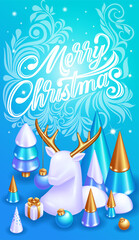 Realistic 3D Isometric illustration. Christmas card with New Year decorations. Christmas trees, gifts and a white deer with golden horns. Merry Christmas 2023