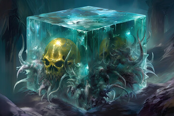 gelatinous cube with a skull inside, rpg quest, monster, Generative AI