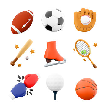 3d rendering boxing, rugby, football, baseball bat and glove, ice skate, tennis racket, golf, basketball icon set. 3d render sport conception icon set.