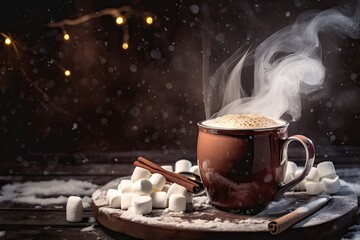 hot chocolate and cocoa scene, with steam rising from the mug, against cozy winter background, created with generative ai