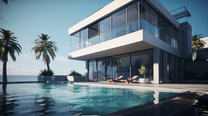 The concept of a modern house with a flat roof and panoramic windows surrounded by nature. 3D visualization