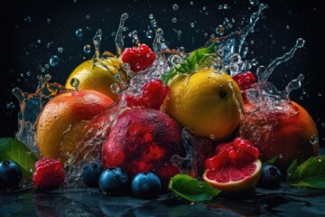 Fototapeta premium Mixed fruit with splashing water generated with AI