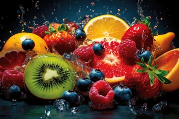 Fototapeta na wymiar Mixed fruit with splashing water generated with AI