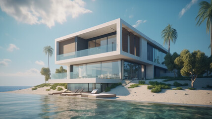 Fototapeta premium The concept of a modern house with a flat roof and panoramic windows surrounded by nature. 3D visualization