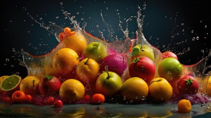 Fototapeta na wymiar Mixed fruit with splashing water generated with AI