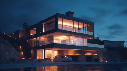 Obraz premium The concept of a modern house with a flat roof and panoramic windows surrounded by nature. 3D visualization