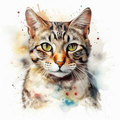 Watercolor painting of a cute cat on white background. Al generated