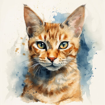 Watercolor painting of a cute cat on white background. Al generated