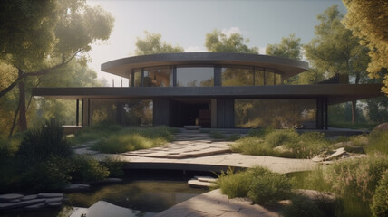 Fototapeta na wymiar The concept of a modern house with a flat roof and panoramic windows surrounded by nature. 3D visualization