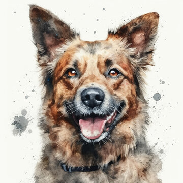Watercolor painting of a cute dog on white background. Al generated