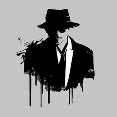 Black silhouette man in a hat and glasses. Mafia style wearing gentleman, jacket coat, glasses. Criminal branding logo,Isolated on a white background. Gangster, detective. Hand drawn art illustration