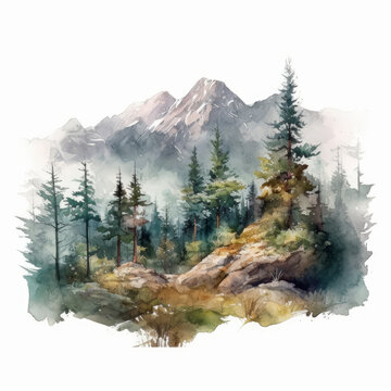 Watercolor painting of a mountains and pine tree. Al generated