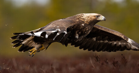 Golden eagle in flight in the bog