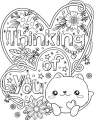 Thinking of you. Cute puppy with hearts and flower art. Hand drawn with inspirational words. Doodles art for Valentine's Day or Greeting cards. Coloring book for adults and kids