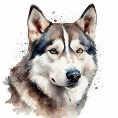 Fototapeta premium Watercolor painting of a Siberian Husky on white background. Al generated