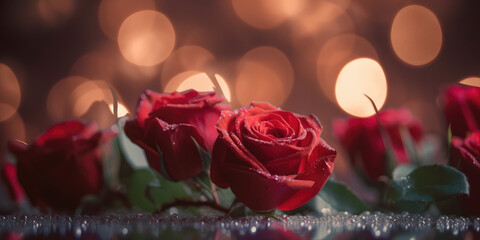 love red roses, abstract defocused with red hearts, bokeh lights, glitters, background, generative AI