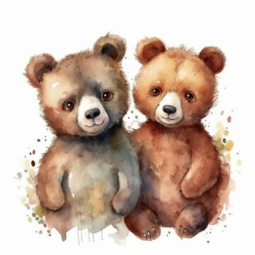 Watercolor painting of a two cute love bears on white background. Al generated