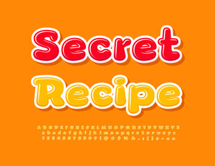 Vector artistic sign Secret Recipe. Creative Yellow Font. Glossy Alphabet Letters and Numbers set. 