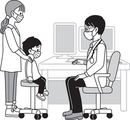 受診する親子（男の子）　モノクロ　マスク