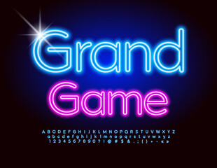 Vector glowing banner Grand Game. Blue Neon Alphabet Letters, Numbers and Symbols set. Electric tube Font