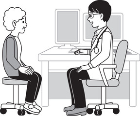 受診する高齢女性　モノクロ