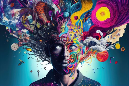 person with schizophrenia, surrounded by vivid and chaotic imaginary world of his or her own creation, created with generative ai