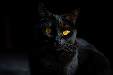 Black cat with yellow eyes staring intensely - AI Generated