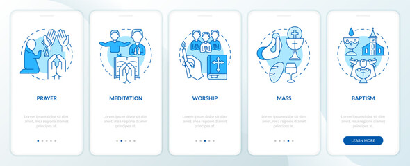 Fototapeta na wymiar Religious practices blue onboarding mobile app screen. Worshiping walkthrough 5 steps editable graphic instructions with linear concepts. UI, UX, GUI template. Myriad Pro-Bold, Regular fonts used