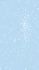 Snowfall overlay christmas background. Subtle flying snow flakes and stars on light blue winter backdrop. Festive snowfall overlay. Vertical vector illustration.