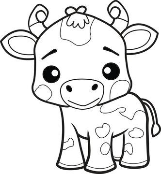 Cute cow cartoon. Black and white lines. Coloring page for kids. Activity Book.