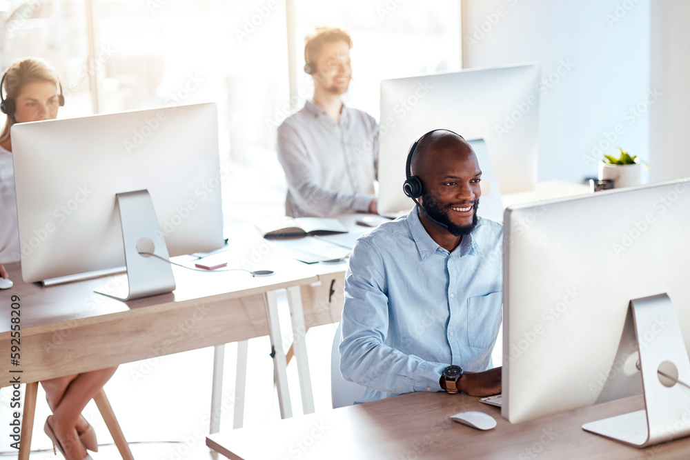 Poster call center, computer and consulting with black man in office for customer service, technical suppor