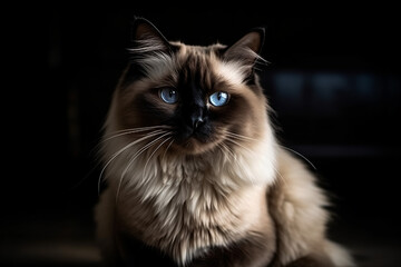 Dark fluffy cat with blue eyes and dark background - AI Generated