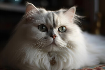 Naklejka na ściany i meble White fluffy cat staring at camera lens - AI Generated