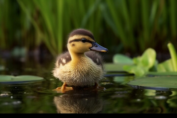 Yellow duckling in pond with green nature - AI Generated