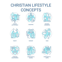 Christian lifestyle turquoise concept icons set. Culture of faith and religion. Worship idea thin line color illustrations. Isolated symbols. Editable stroke. Roboto-Medium, Myriad Pro-Bold fonts used