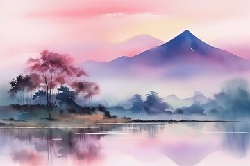Idyllic japanese mountain landscape in gentle pink colors. Generated ai.