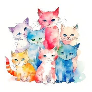 Watercolor image of a several colorful kittens. Generated ai.