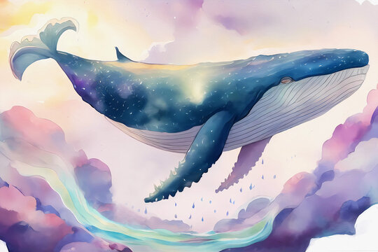 Watercolor whale in the clouds. Generative ai design.