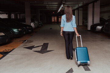 Fototapeta na wymiar A business woman with a suitcase set in a modern garage while going to the airport. Business travel concept